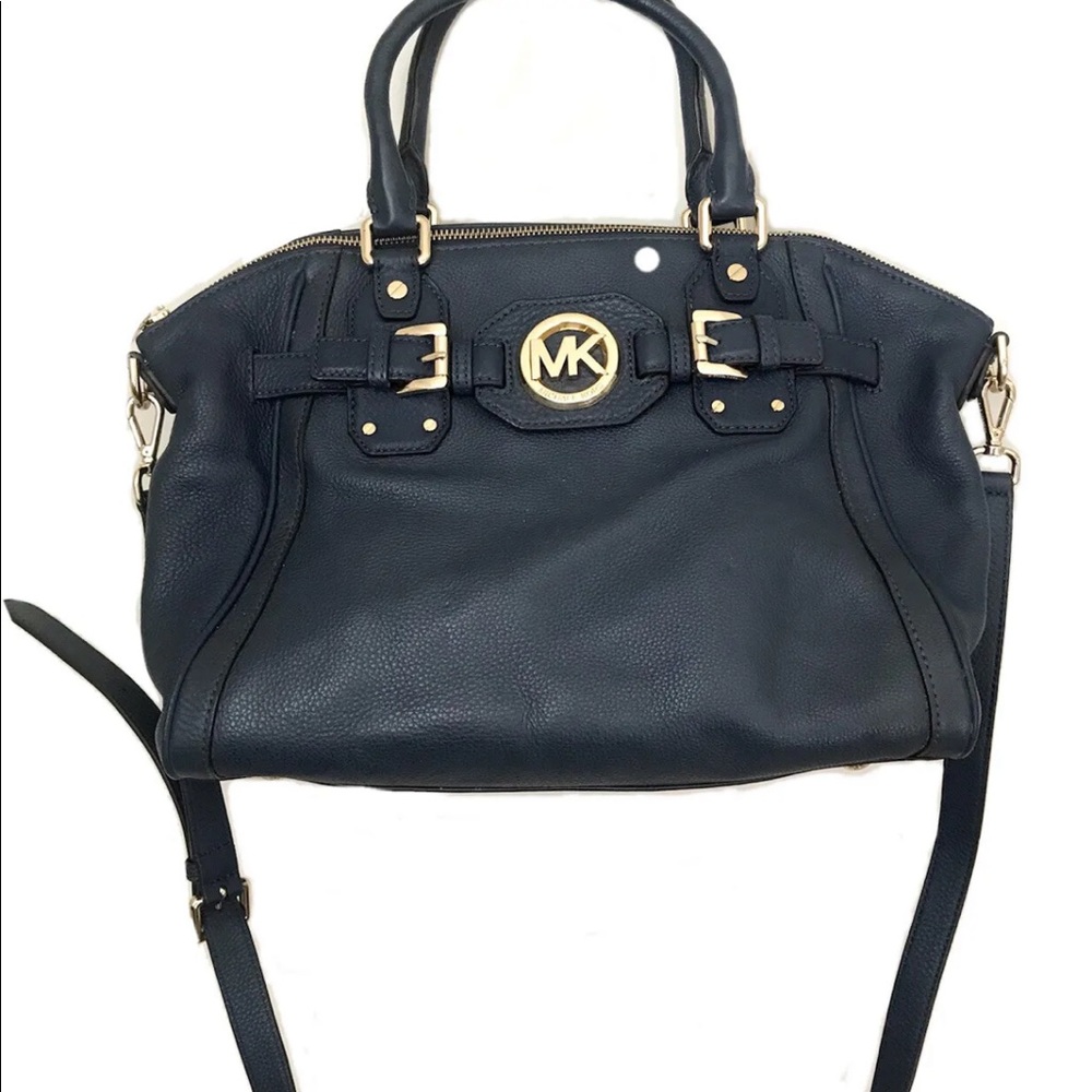 Michael Kors Women’s Navy Blue Leather Satchel Handbag With Crossbody Strap